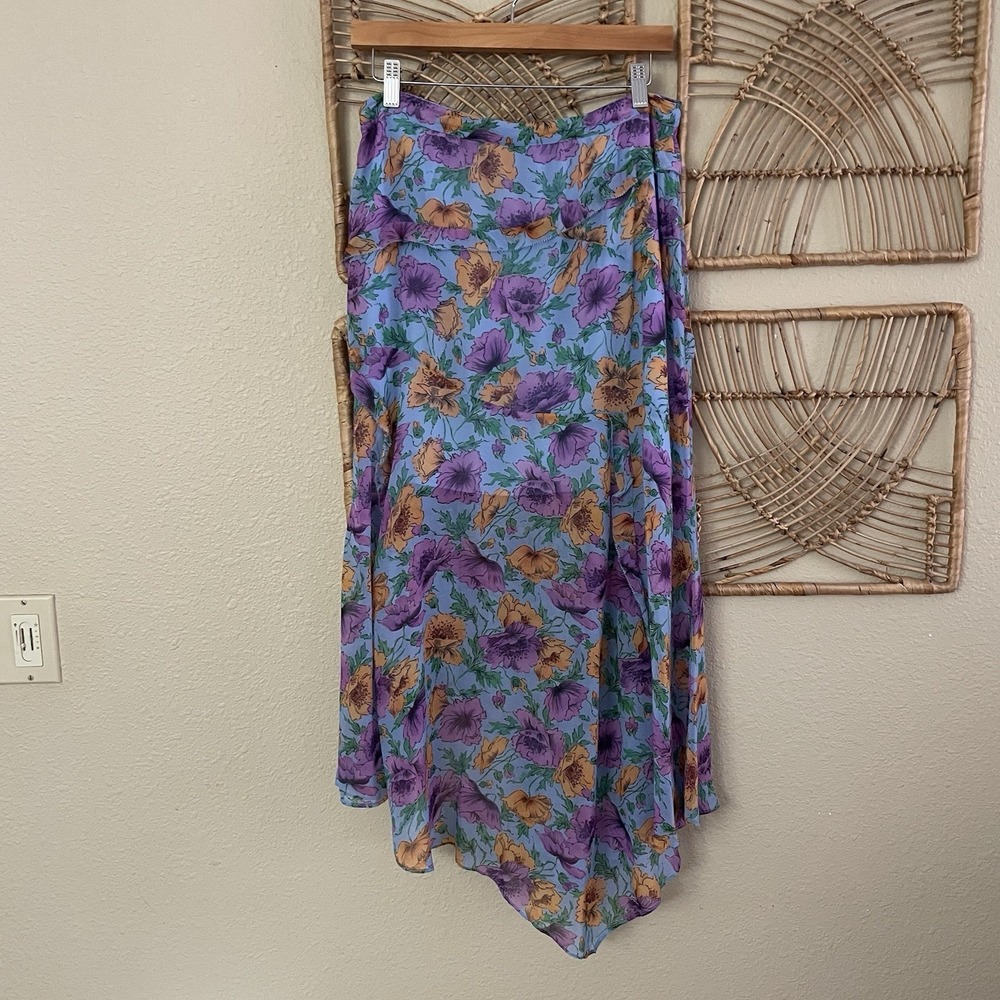 Veronica Beard Eleonora Silk Floral Print Skirt Asymmetrical Midi Blue 6 B46 - Picture 7 of 12